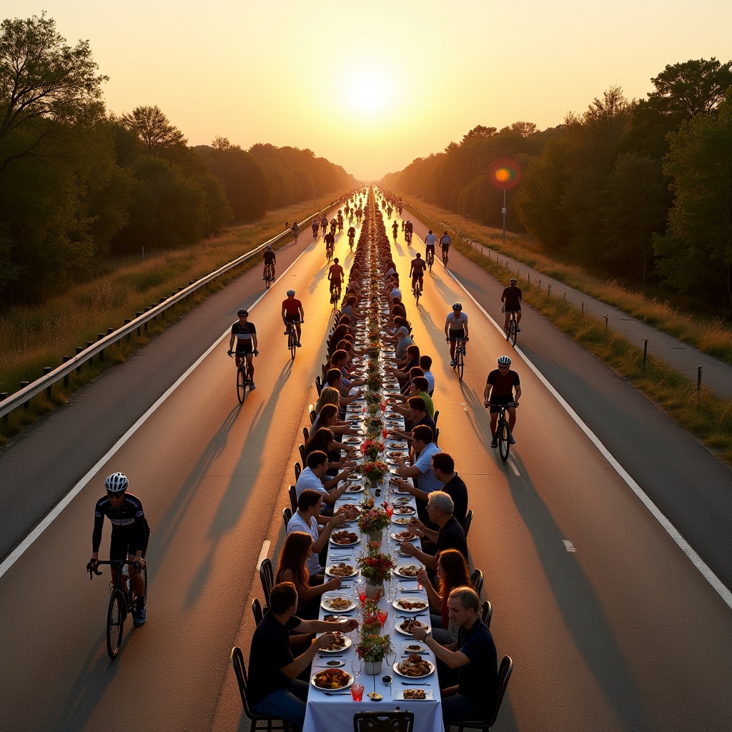 The scene depicts a highway filled with cyclists. A long table set for a meal runs alongside the road. Evening sunlight creates a warm atmosphere. The image blends leisure and sport in a communal setting.