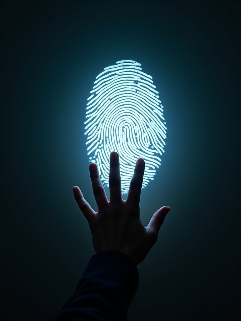 A hand reaches towards a large illuminated fingerprint on a wall. The fingerprint glows in blue color on a dark background. The hand appears to be reaching out towards the fingerprint while positioned low, creating an engaging perspective.