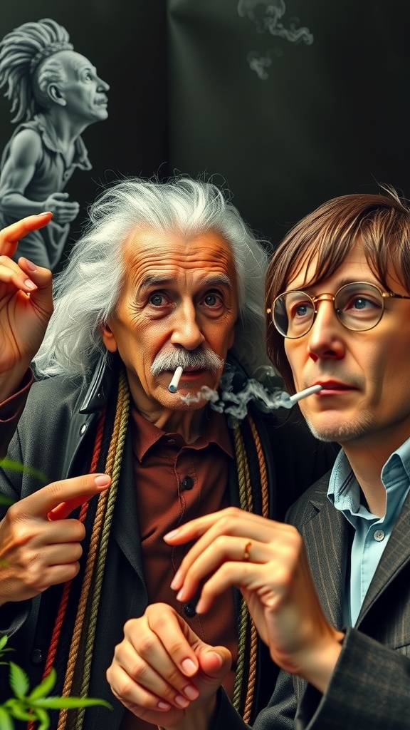 Two men with retro-styled appearances share a contemplative moment while smoking, surrounded by artistic backdrop imagery.