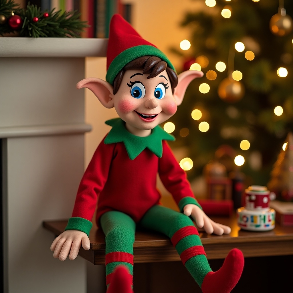 The image depicts a cheerful Elf on the Shelf doll seated comfortably on a shelf near a beautifully decorated Christmas tree. It showcases a vibrant red and green outfit, with large expressive eyes and a friendly smile. The background features warm, twinkling lights that enhance the festive atmosphere of the scene. This charming setup embodies the spirit of holiday traditions and adds a whimsical touch to Christmas decor. The setting is cozy and inviting, perfect for evoking the magic of the holiday season.