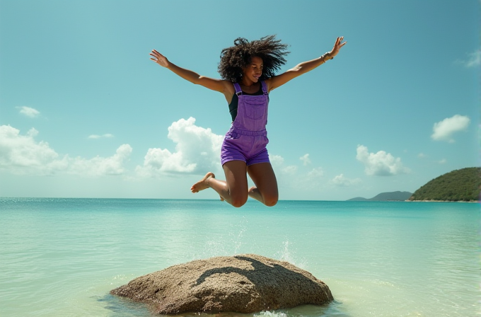 A person wearing purple overalls jumps off a rock by the sea, under a clear blue sky.