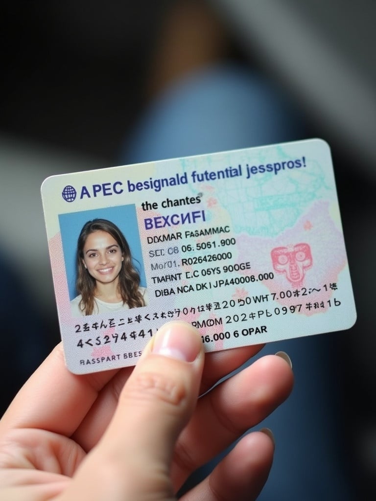 A passport ID card is held in a hand. The card features personal identification details. Various security elements are visible on the card.