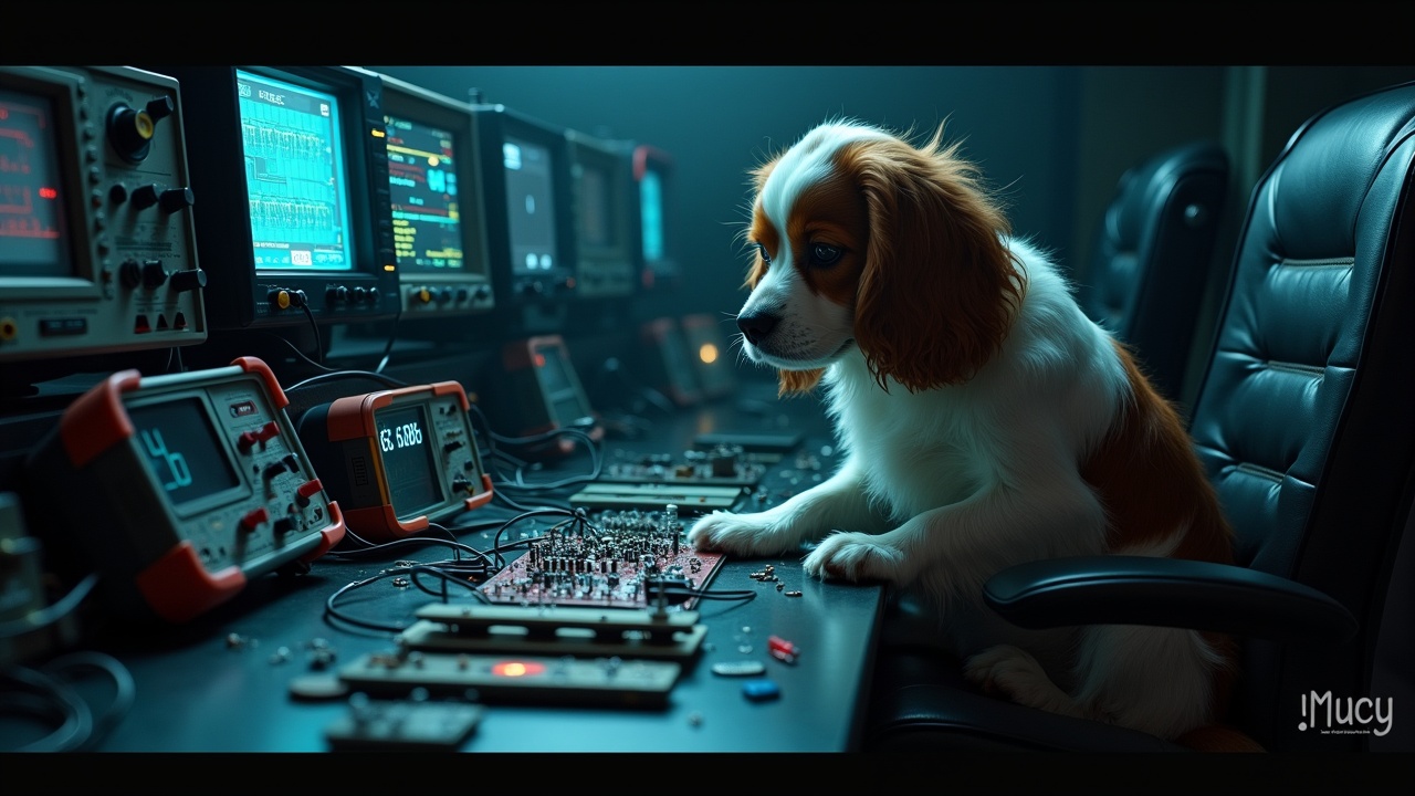 In a dark and eerie lab, a fluffy Cavalier King Charles Spaniel sits in a chair, engaged with a circuit board in front of it. It is surrounded by various wires and circuit boards laid out on a bench. Next to the dog are oscilloscopes and multimeters displaying different signals. The scene captures the unusual interaction between the pet and this electronics setup. The dark, gloomy lighting adds to the eerie industrial atmosphere, while also highlighting the expressive face of the dog.