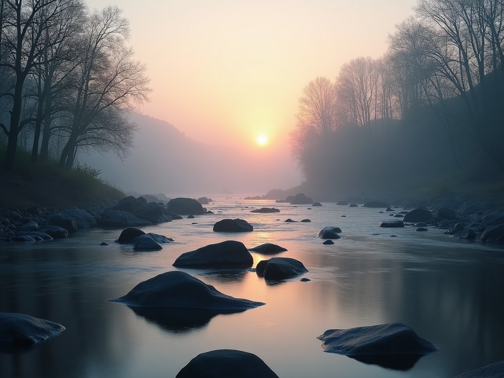 This image depicts a serene landscape featuring a river at sunrise. The soft glow of the sun arises on the horizon, casting a gentle light across the water. Surrounding the river are trees stripped of leaves, standing like silhouettes against the fading light. Rocks protrude from the riverbed, creating a rugged texture in the glassy water. The mist envelops the scene, adding to the tranquility and mystery of the early morning environment.