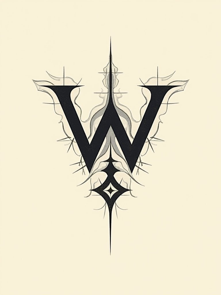 Illustration features the letter W. Sharp and angular design. Emphasis on symmetry and precision. Style similar to alchemical diagrams. The background is a simple shade.