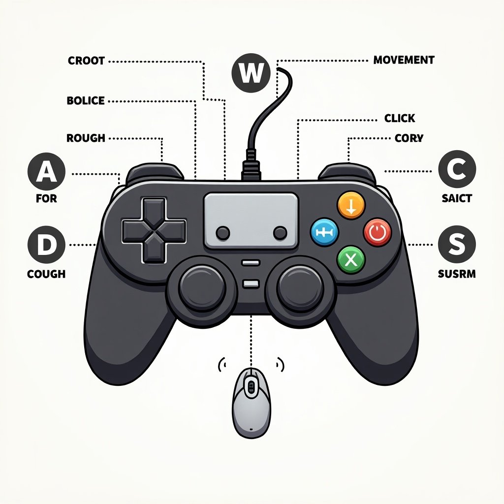 Illustration of gaming controls. Features game controller with labeled functions. Includes mouse illustration for look around. Simple design for clarity.