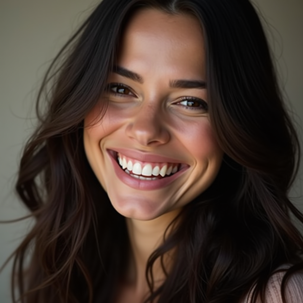 A smiling woman with long, wavy dark hair and bright eyes, exuding warmth and joy.