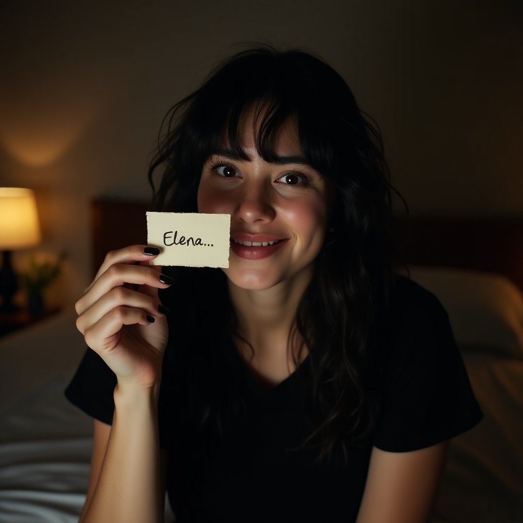 Young woman in bedroom wearing black t-shirt. Holding paper with name 'Elena' written in pencil. Polished black nails. Smiling playfully while biting lips. Dark bedroom with warm light creating cozy atmosphere.