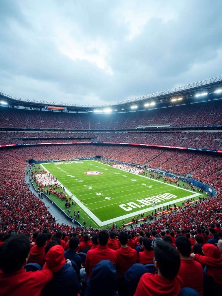 The image shows a modern American football stadium filled with thousands of fans. Most fans wear red and navy blue shirts. The field is green with white lines. The stadium has a contemporary design and bright lights. Clouds fill the sky, creating a dramatic ambiance.