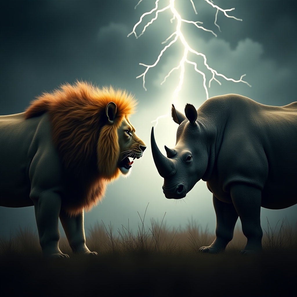 Dramatic scene with a lion and a rhino face to face. Lion has a majestic golden mane, rhino highlights its large frame and horn. Background is stormy with dark clouds and lightning. Intense expressions of anger and power.