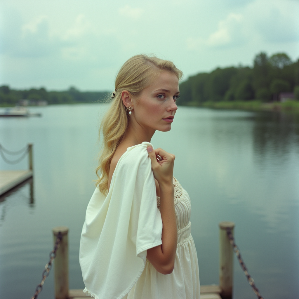 A woman in a white dress stands by a tranquil lakeside.