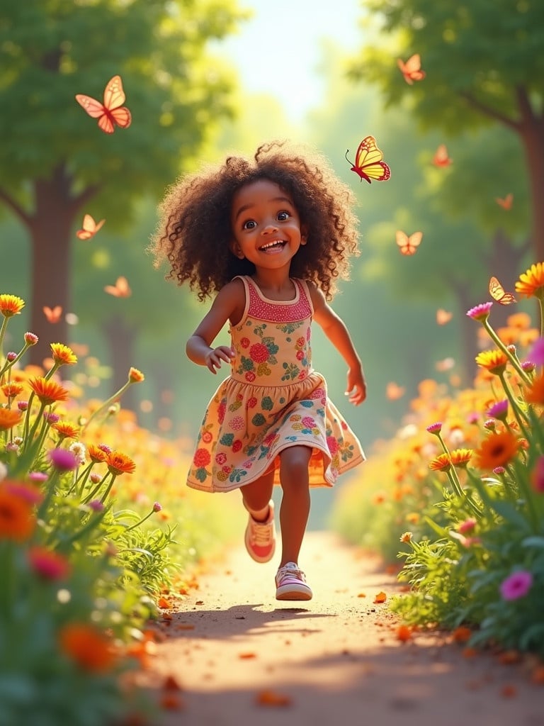 A girl runs joyfully through a flower-filled path in a garden. The sun shines warmly. She wears a colorful floral dress. Around her, butterflies flutter in the air. Trees line the path, creating a serene backdrop. The scene captures childhood joy in nature.