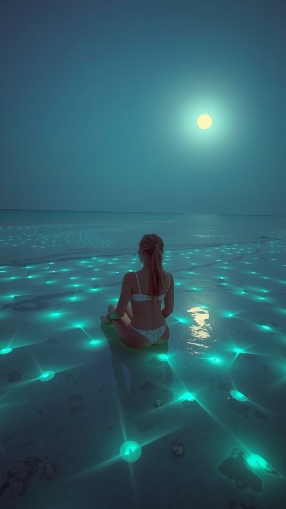 A woman meditates at night on a luminous, glowing sea under a full moon.