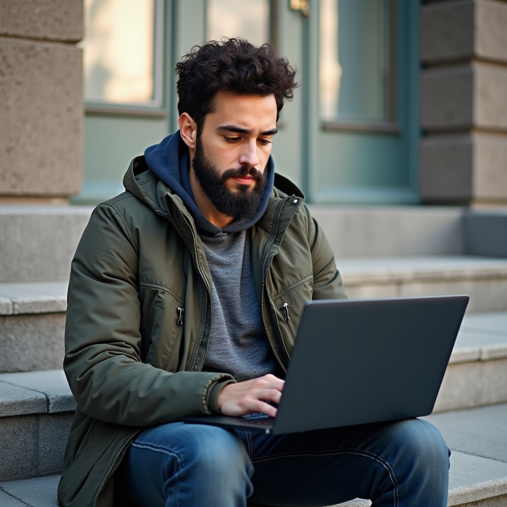 A man sits on outdoor stairs using a laptop with a serious expression.