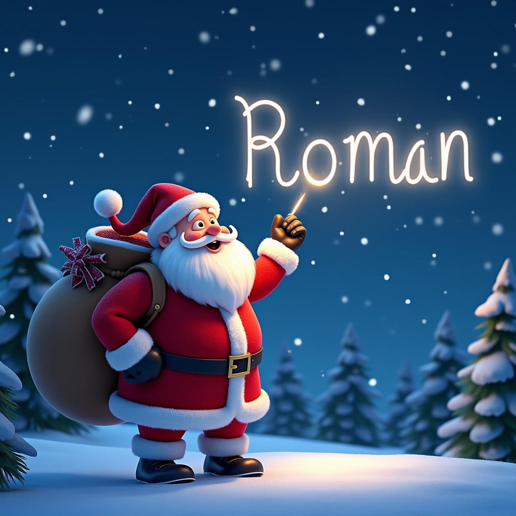 A cheerful Pixar themed Santa Claus stands in a snowy landscape, writing the names 'Roman' and 'Niall' in the night sky with a magical light. He wears a traditional red suit with white trim and carries a large sack on his back. The background features a starry night sky with sparkling stars. Snowflakes gently fall around him, creating a festive atmosphere. Pine trees are visible in the distance, adding to the winter wonderland feel.