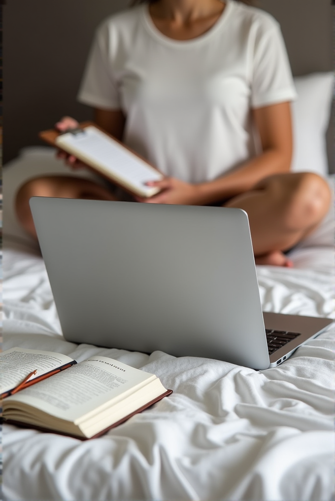 A person sits on a bed with a laptop, book, and notebook, creating a cozy study or work environment.