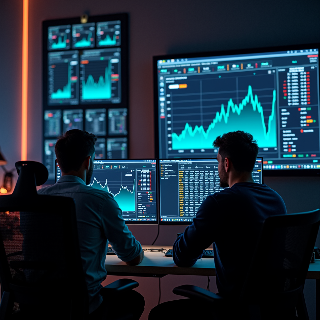 Two individuals concentrate on multiple monitors displaying financial graphs and data in a dimly lit, high-tech office setting.