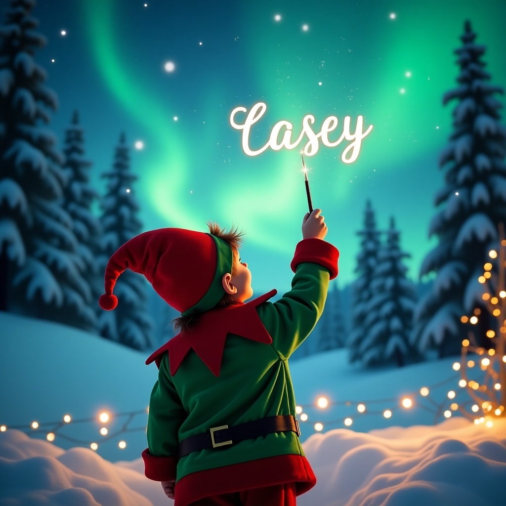 A scene shows a child dressed in an elf costume with their back to the viewer. They are looking up at the sky while using a wand to write ‘Casey’, creating a magical atmosphere. In the background, there are beautiful northern lights sparkling above a winter landscape. Snow-covered trees dot the landscape, and twinkling lights are present in the foreground. The overall mood is cheerful and festive, perfect for the holiday season.