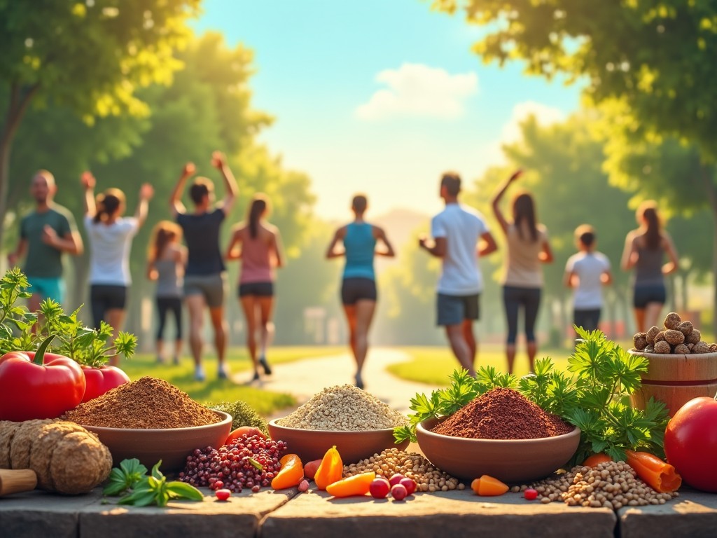 The image features vibrant bowls of spices and fresh vegetables set in the foreground. In the background, a group of people are jogging in a sunlit park. The scene conveys a sense of health and well-being. The spices symbolize nutritious food choices. The overall atmosphere is lively and inspiring, promoting an active lifestyle. This composition highlights the connection between good nutrition and fitness.