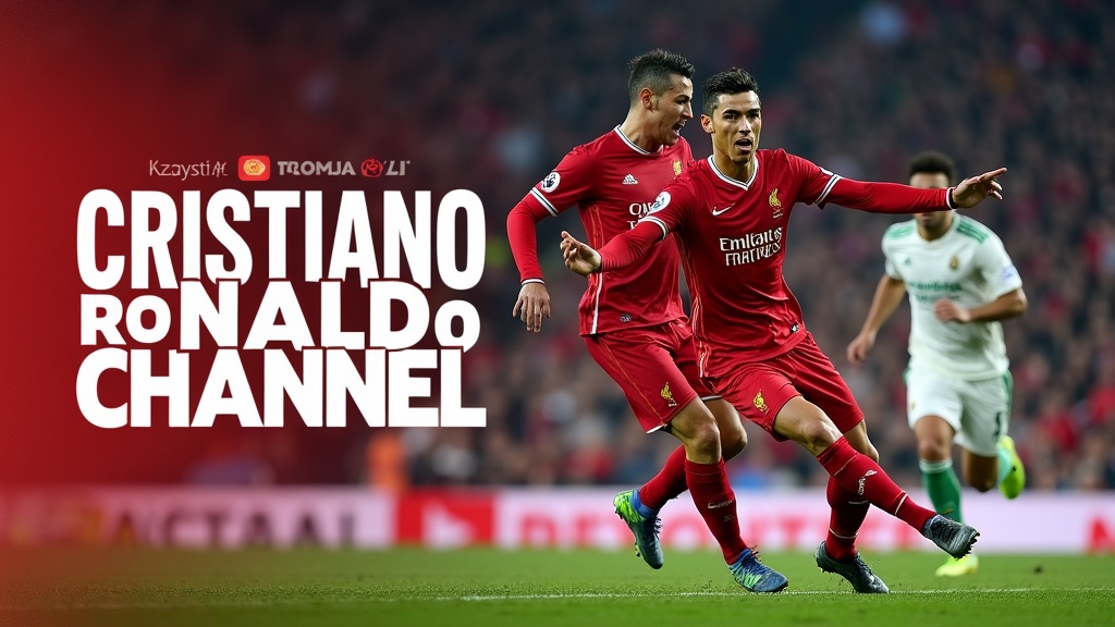 This action-packed image captures two soccer players in red jerseys, mid-play on a football field. The central figure is in motion, celebrating or reacting to a moment in the game. The background is filled with an enthusiastic crowd, adding to the intensity and excitement of the scene. On the left, bold text featuring the name 'Cristiano Ronaldo Channel' suggests a connection to the famous footballer.