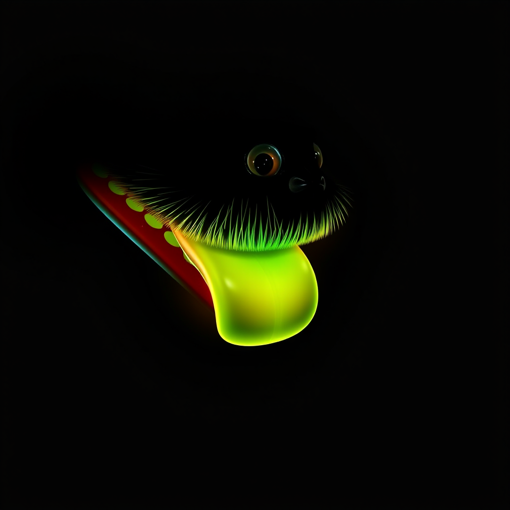 A glowing, abstract creature with large eyes and a neon tongue in a dark background.