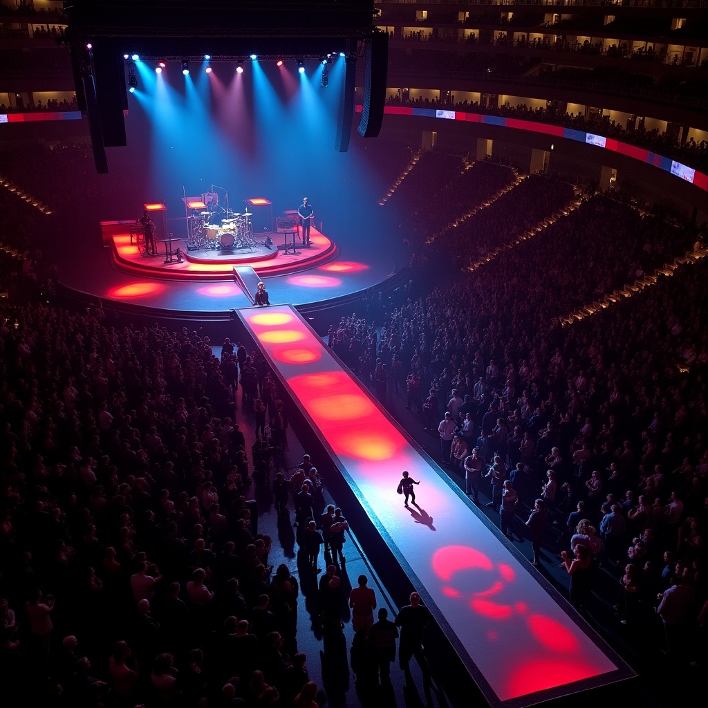 This image captures an aerial view of a concert by Roddy Rich at Madison Square Garden. The stage features a distinctive T-shaped runway, and the lighting creates a dynamic atmosphere with red and blue hues. The audience is numerous, adding to the vibrant energy of the event. You can see the band setup at the back, ready to perform. The overall scene reflects the excitement of a live music performance, highlighting the grandeur of the venue.