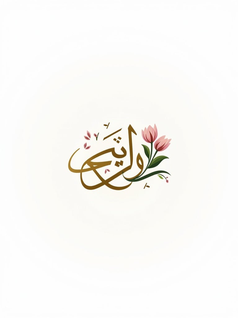 Modern Arabic calligraphy logo design features phrase 'بورصة الزهور'. Elegant integration of natural flower elements is visible. Harmonious flowing text styled in Thuluth or Diwani. Dynamic balanced calligraphy showcases golden and green accents with soft pink flowers. Versatile design presented on white background.