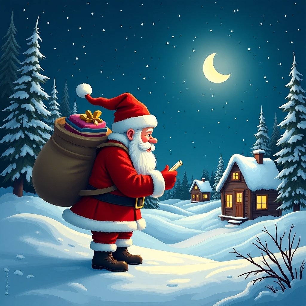 Santa Claus in a snowy village scene writing in the night sky. Winter setting features cabins and snow-covered trees.