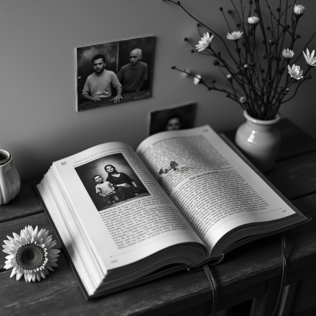 An open book with photographs beside a vase of flowers, creating a cozy reading atmosphere.