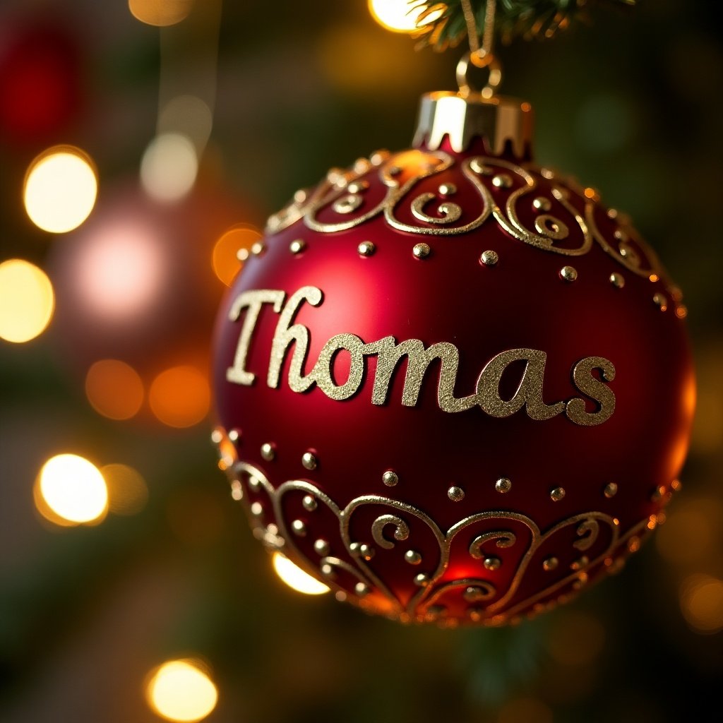 Close-up of a beautiful Christmas bauble. Red ornament has gold patterns. Name 'Thomas' is on the bauble. Soft festive lights blur in the background.