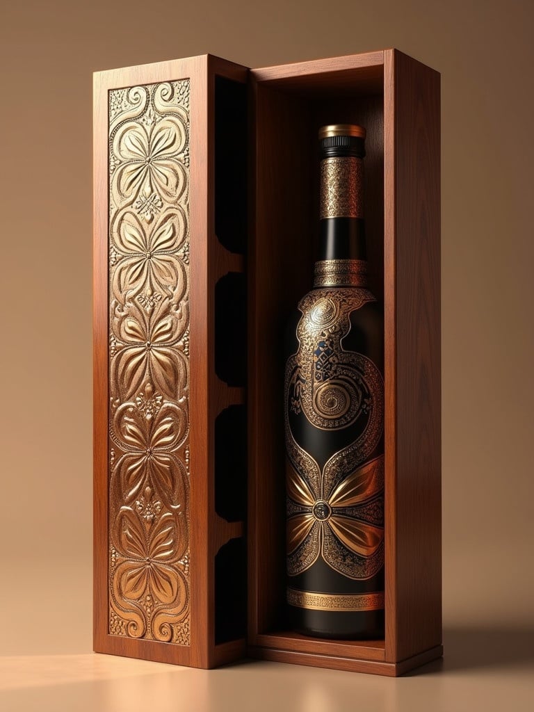 Luxurious wine bottle packaging concept inspired by traditional Indian game Pallanguzhi. Emphasizes cultural elegance with intricate patterns. Rich materials like matte wood and brushed metal used. Deep gold, mahogany, and soft ivory colors reflect opulence. Functional design elements hint at Pallanguzhi's heritage, blending traditional charm with modern aesthetics.