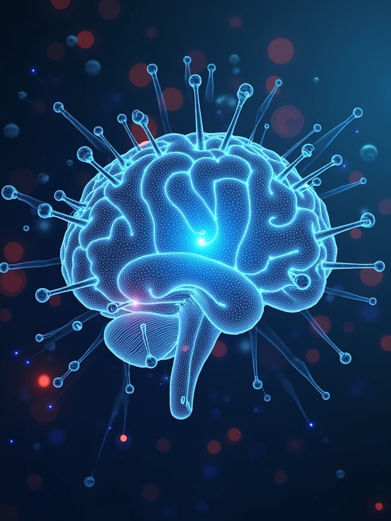 Conceptual image representing artificial intelligence and materials science. Features a blue glowing brain surrounded by stylized, virus-like structures on a dark background. Visual metaphor for the chemistry involved in AI.