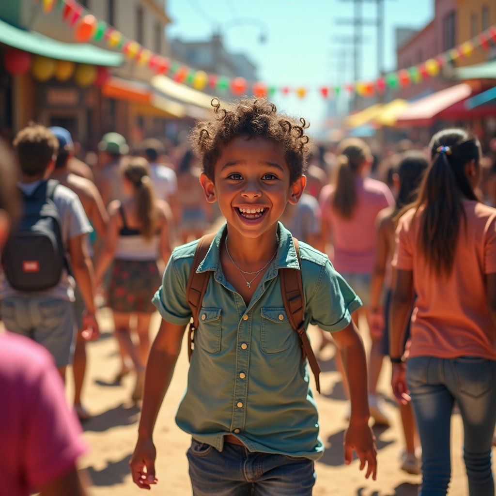 Image of a vibrant street festival. Many people are walking around enjoying the atmosphere. Colorful decorations are visible. Child wearing a blue shirt stands out in the foreground.