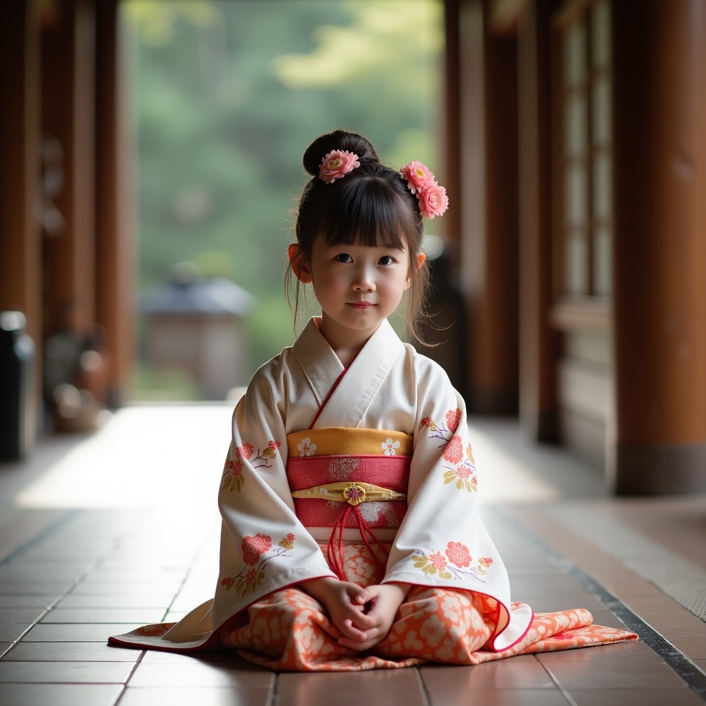 The image depicts a young girl dressed in traditional Japanese clothing sitting gracefully on a tiled floor. She is adorned in a kimono with intricate designs and a decorative hairpiece with flowers. The background consists of wooden architecture typical of Japan. Soft natural light enhances her contemplative expression, creating tranquility.