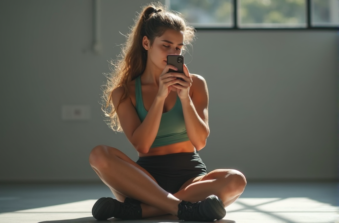 A person in workout clothes sits cross-legged on the floor, focused on their phone.