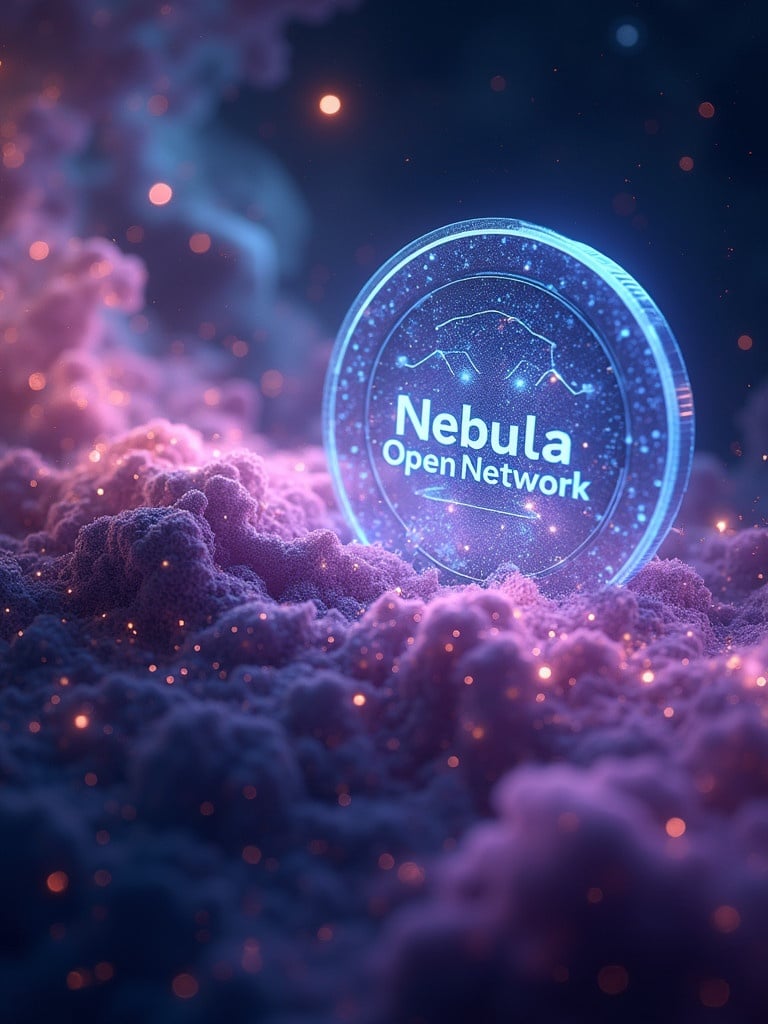 Create a futuristic digital landscape. The words Nebula Open Network are woven into swirling nebula patterns. The nebula has purples blues and pinks with stars scattered throughout. Depict a glowing crypto token with Nebula Open Network inscribed on its surface. The scene conveys cosmic wonder and technology with a modern aesthetic. The atmosphere is one of futuristic elegance.