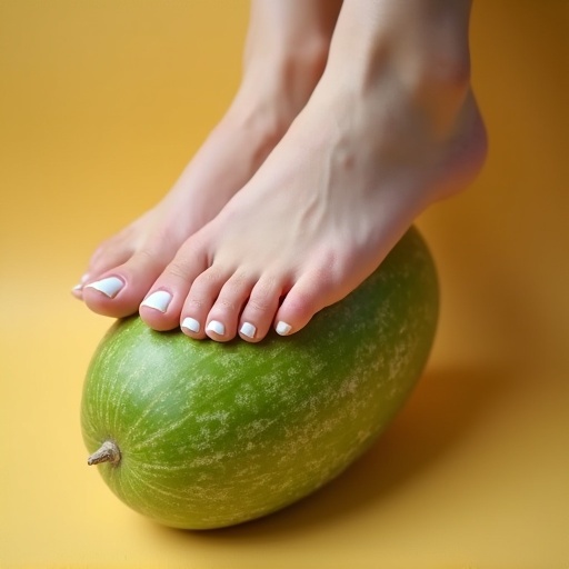 An attractive foot of a young woman is displayed atop a green melon. The woman has white toenail polish with a small toe ring. The background is a soft yellow color.