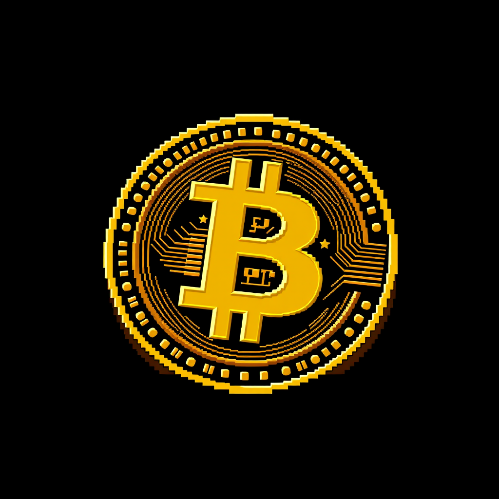 A pixelated, golden Bitcoin symbol with computer chip patterns on a black background.