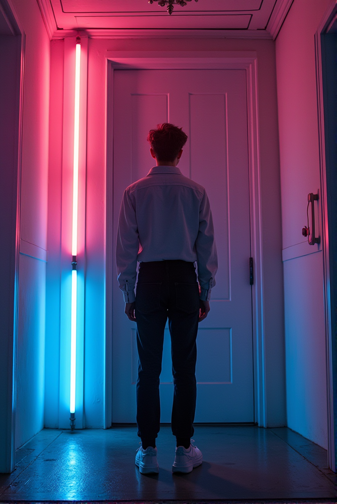 A person stands facing a closed door in a hallway illuminated by blue and pink neon lights.