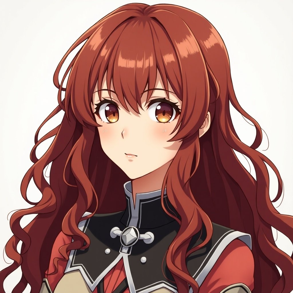 Portrait of a woman with long wavy auburn hair inspired by Fire Emblem. Her hair has depth with highlights and lowlights. The hairstyle is loose and flowing. The character expresses strength and gentleness typical in anime. Suitable for various creative projects.