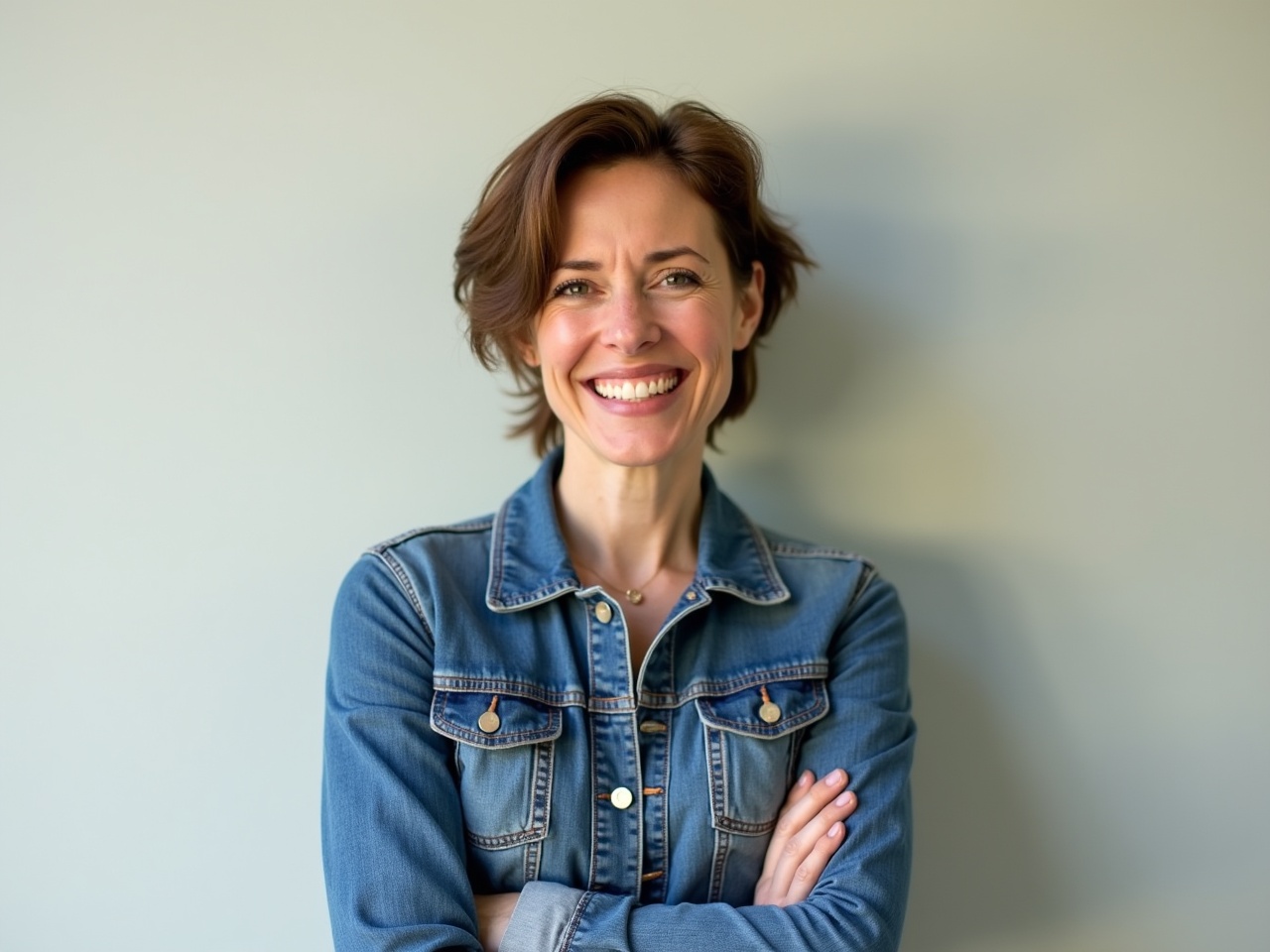 The image shows a woman smiling broadly at the camera. She has short, brown hair and is wearing a denim jacket. The background is a plain, light-colored wall which emphasizes her cheerful expression. Her arms are crossed casually, and she radiates a friendly demeanor. The lighting is soft, contributing to an inviting atmosphere in the photo.