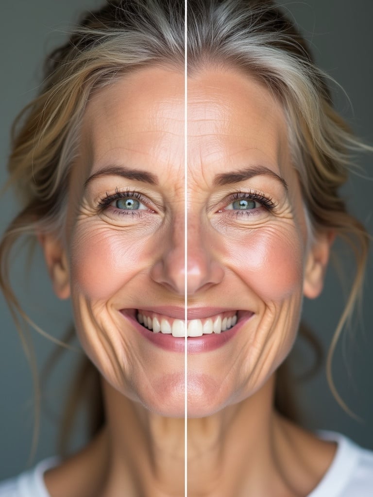 Before and after transformation showing a mature woman. First image displays neutral expression, wrinkles visible. Second image shows a smile, reduced wrinkles. Emphasis on beauty improvement and aging gracefully.