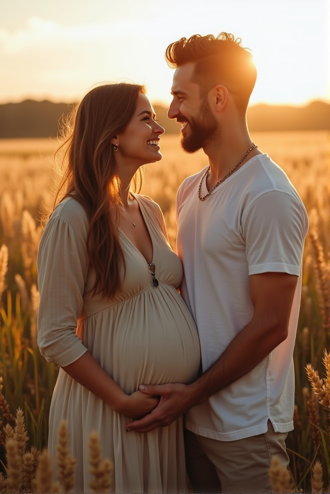 A couple shares an intimate moment in a sun-drenched field, with the woman visibly pregnant and both smiling lovingly.