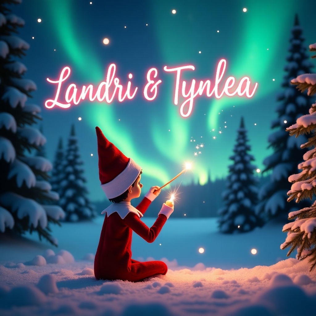 Image features an elf on the shelf in a winter wonderland. The elf sits with its back to the viewer. It faces a sky filled with northern lights. The elf uses a magical wand to write names in the sky. Snow covers the ground and evergreen trees are in the background. Names 'Landri & Tynlea' are written above in pink sparkling light. The atmosphere is whimsical and festive, embodying Christmas magic.