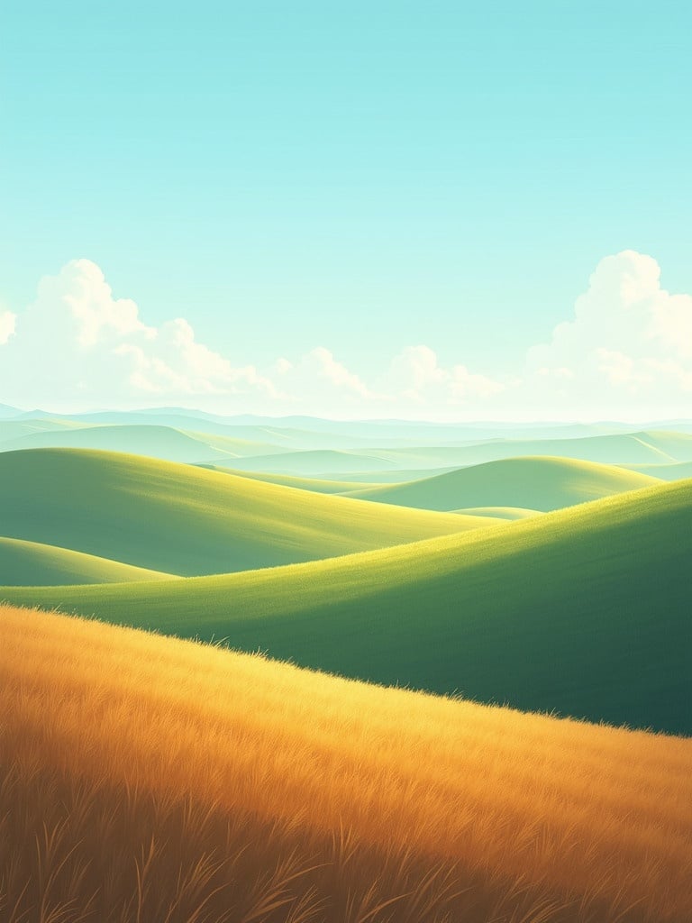 Landscape image featuring rolling hills under a clear blue sky. Colors are warm and inviting to convey calm. Ideal for invoking tranquility and peace.