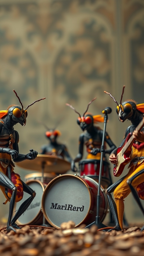 The image depicts a whimsical scene of insects playing in a rock band. The tiny figures are equipped with various musical instruments, including drums and guitars, set against a blurred background that suggests a performance space. The band's name 'MarLRed' is visible on the drum kit, adding a touch of humor and creativity.