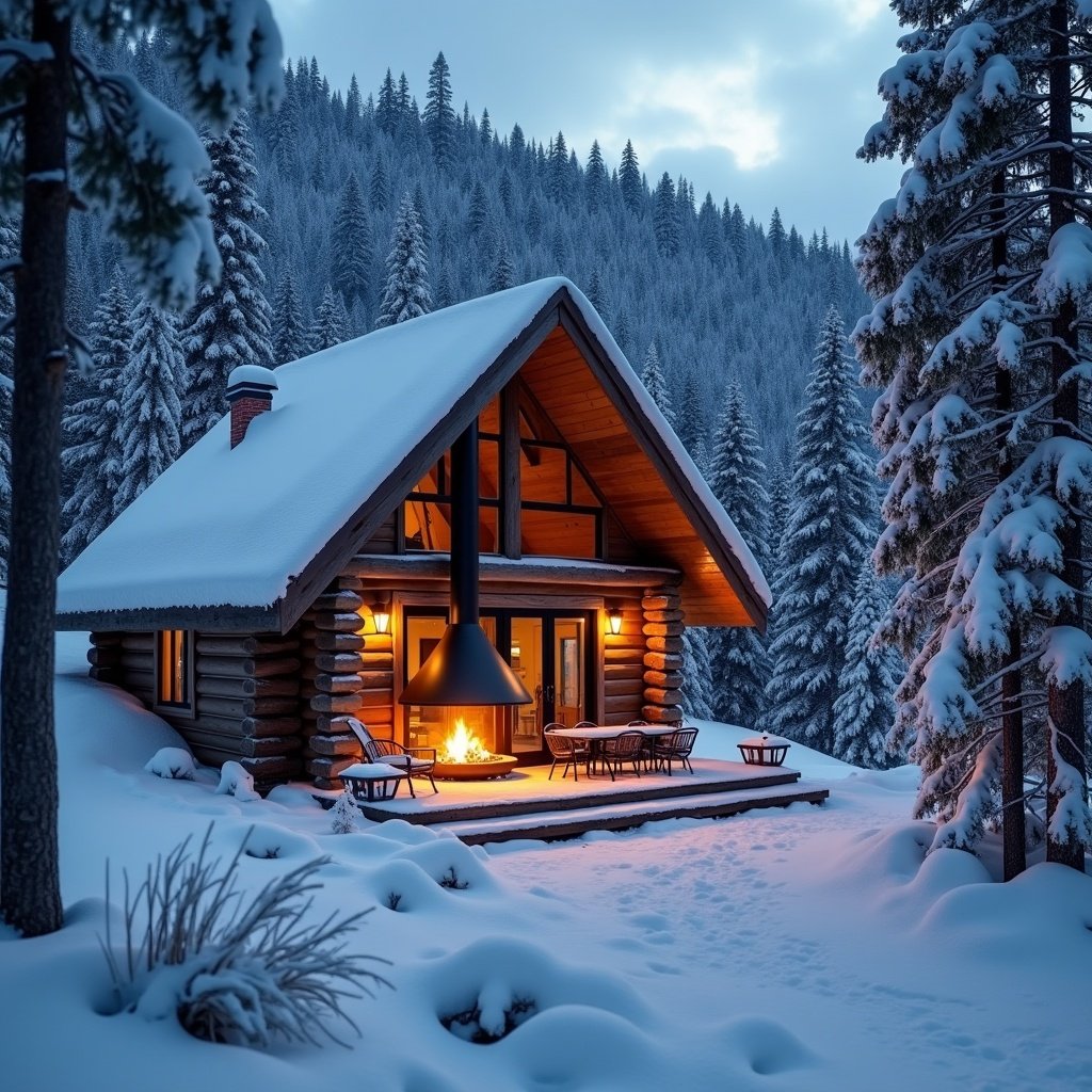 Cozy winter cabin with an illuminated fireplace surrounded by a snowy landscape. Cabin built from logs. Evening setting with snow-covered trees. Warm light emanates from the windows.