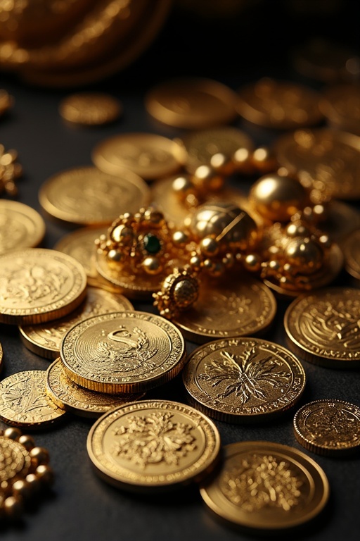 A collection of ornate golden coins and jewelry arranged elegantly on a dark surface. Coins have intricate designs. Jewelry includes beads and medallions. The scene is rich and luxurious. Soft focus highlights the shine of gold.