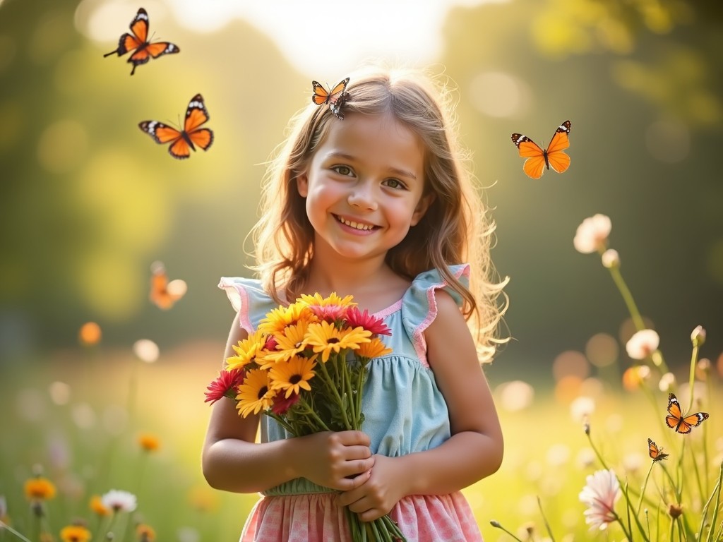 The image features a sweet tween girl standing in a sun-drenched field filled with flowers. She is holding a vibrant bouquet of daisies and wearing a blue top with a colorful skirt. Surrounding her are delicate butterflies fluttering around, enhancing the joyful atmosphere of the scene. The warm golden light creates a magical backdrop, highlighting her cheerful smile. This image captures the essence of childhood joy and the beauty of nature, perfect for various family-friendly themes.