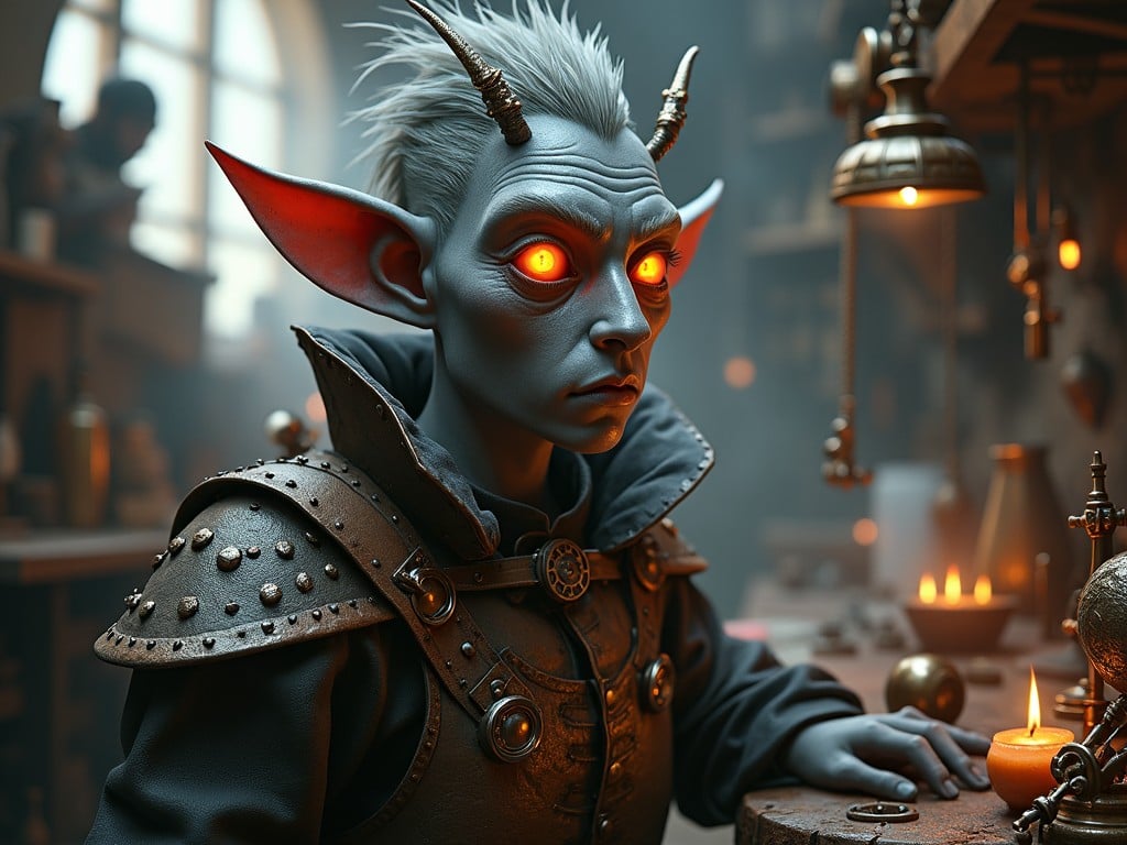 The image depicts a fantastical goblin-like character sitting in a dimly lit workshop. The character has grey skin, pointed ears, and glowing orange eyes that stand out vividly. Intricately designed clothing adorned with metal studs suggests a warrior-like persona. The workshop around them is filled with various tools and mystical objects, enhancing the magical ambiance. Soft warm lighting illuminates the scene, casting gentle shadows.